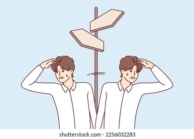 Two men stand at crossroads and look at different sides sweating because of need to make difficult decision. Concept search for opportunities to overcome crisis in business. Flat vector design 