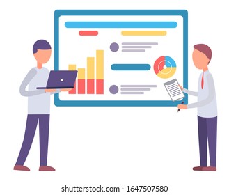 Two men stand near board with analytics and statistics information. People discussing about new project, startup. Businessmen on appointment with laptops. Vector illustration of business meeting