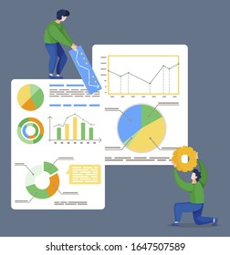 Two men stand near board with statistics diagrams. People using tools like graphics and gearwheel in project. Business analytics graphs with financial information. Vector illustration in flat style