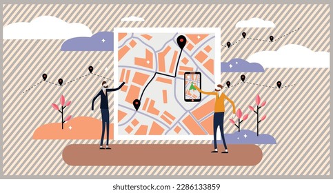 Zwei Männer stehen in der Nähe eines Informationsbretts mit Navigation und schauen auf den Pfad auf dem GPS-Telefon.