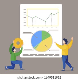 Two men stand near statistics diagrams on board. Project and it metrics, analytics graphs. Guy hold gearwheel in hands that symbolizes tool for business. Vector illustration of working in flat style