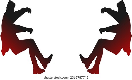 Two men stand on one foot against a wall, red and black gradient vector of two men, red and black vector of men, gradient vector art, two men celebrate their success, 