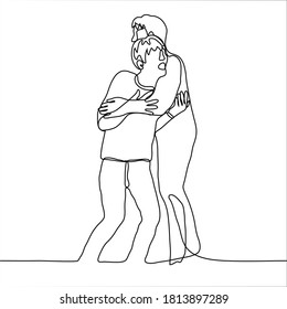 two men stand, one screams and rushes to go / run somewhere, and the second restrains him in place by hugging him (tightly wrapping his arms). one continuous line art concept support, restrain someone