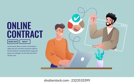 Two men stand online and shake hands for business. man in video conference with colleagues. Teleconference for work from home concept. Videoconferencing and online meeting workspace.