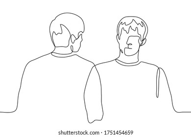 Two Men Stand Side By Side (shoulder To Shoulder) But Look In Opposite Directions. One Continuous Line Art Concept Of Brotherhood, Partnership, Support, Care, Protection, Herd Instinct,