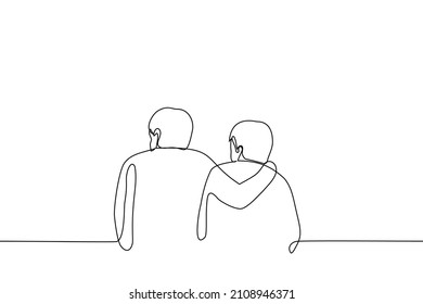two men stand side by side   one put his hand the other    one line drawing vector  concept male hug  friendship  love  brotherhood  skinship