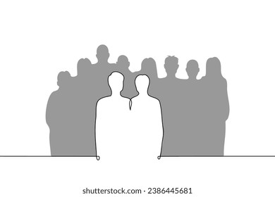 two men stand side by side against background of faceless crowd of people, all posing for photo - one line art vector. concept two company founders and employees behind, grooms and wedding guests