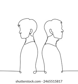 dos hombres se paran de espaldas el uno al lado del otro - un Vector de arte de línea. concepto de cubrirse por detrás, pelea entre amigos, hermanos. Vector hecho a mano no AI