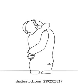 two men stand tightly hugging - one line art vector. concept of a couple of lovers hugging, meeting, farewell