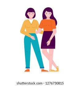 Two men stand together and hug each other. 2D vector colored characters on a white background. Suitable for animation