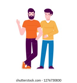 Two men stand together and hug each other. 2D vector colored characters on a white background. Suitable for animation