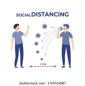 Two men standing 2 meters apart, one people coughing make a virus spreading. Illustration about social distancing for avoid getting the aerosol from coughing or sneezing.