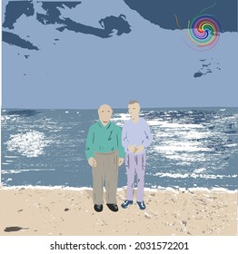 Zwei Männer stehen am Meer. Eine kleine und vollständige. Die andere ist dünner, höher, jünger. Spiralregenbogen.
