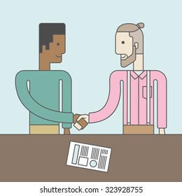 Two men standing facing each other handshaking for the successful business deal. Business partnership concept. Vector line design illustration. Square layout.