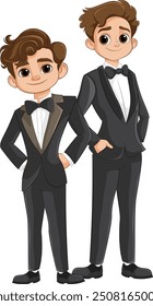 Two men standing in formal tuxedos