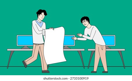 Two men are standing in front of a desk with a white piece of paper. One of them is holding the paper and the other is looking at it. Scene is serious and focused