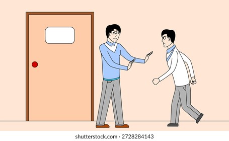 Two men are standing in front of a door, one of them is holding the other. Scene is tense and serious, as the two men seem to be in a conflict or disagreement