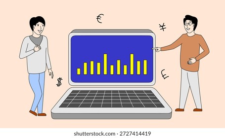 Two men are standing in front of a laptop computer with a graph on the screen. One man is pointing at the graph while the other man looks on