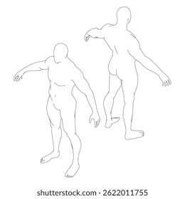Two men are standing in front of a white background. One of them is holding his arms out to the side. Isometric view