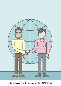 Two men standing and handshaking for the successful business deal on the globe background. Business partnership concept. Vector line design illustration. Vertical layout with a text space.