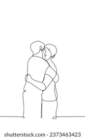 two men standing hugging - one line art vector. concept hug