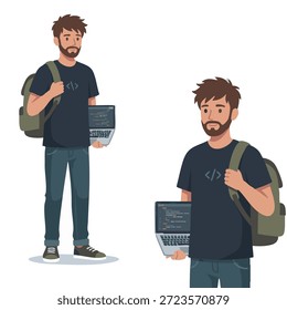 Two men standing with laptops and backpacks in a simple white background