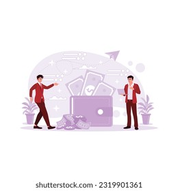 Two men are standing with large wallets filled with money, and one of the men with a laptop. Trend Modern vector flat illustration.