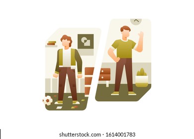 Two men standing in minimalist clothing in the wardrobe room. Minimalist living background illustration concept.