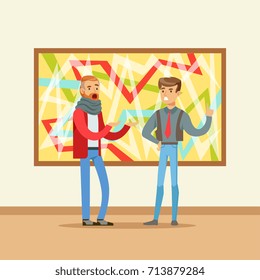 Two men standing in modern art gallery and discussing colorful painting, people attending museum