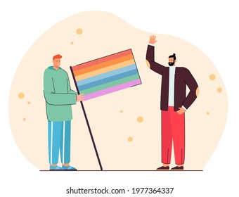 Two men standing with multicolored flag. Flat vector illustration. Young man holding big rainbow flag while another man waving his hand. Diversity, youth, rainbow concept for banner design