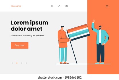 Two men standing with multicolored flag. Flat vector illustration. Young man holding big rainbow flag while another man waving his hand. Diversity, youth, rainbow concept for banner design