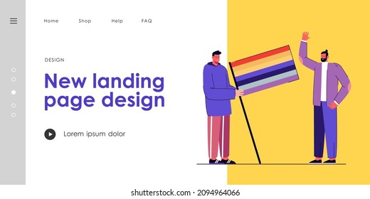 Two men standing with multicolored flag. Flat vector illustration. Young man holding big rainbow flag while another man waving his hand. Diversity, youth, rainbow concept for banner design