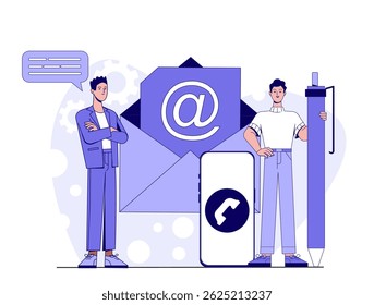 Two men standing near email envelope, phone icon, and pen, in flat graphic style on white background. Concept of digital communication and business contact. Vector illustration