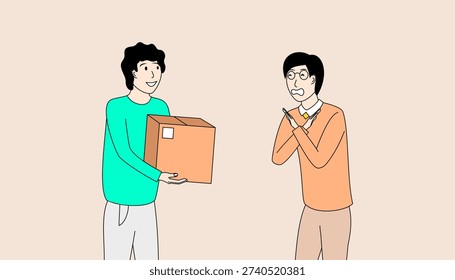 Two men are standing next to each other, one of them holding a box. The man holding the box has a smile on his face, while the other man looks sad and is shaking his head
