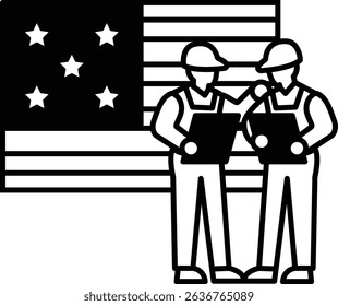 Two men are standing next to a flag, one of them holding a clipboard. Concept of teamwork and collaboration, as the two men work together to complete a task. The flag serves as a symbol of unity