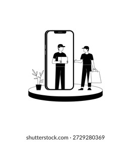 Two men standing next to a large smartphone screen display