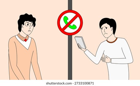 Two men are standing next to a pole with a no cell phone sign. One man is looking at his phone while the other man looks at him