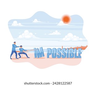 Two men standing on the beach in the afternoon. Turn impossible text into possible using strings. Self-improvement concept. flat vector modern illustration 