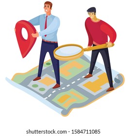 two men are standing on the map, one is looking for something with a magnifying glass, the other is trying to put a navigation icon on the map, vector illustration