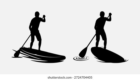 Two men standing on paddleboards, holding paddles, in different water conditions.