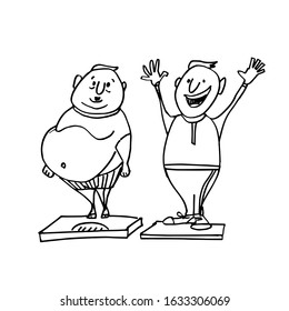 Two men are standing on the scales. A fat, obese man and a thin, slim man. Results before and after sports training.  Doodle illustration. Vector