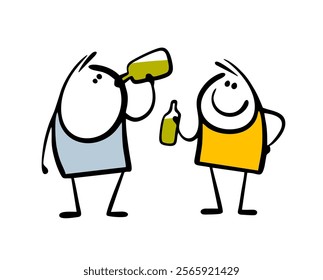 Two men are standing on the street and drinking alcoholic drinks or lemonade from bottles. Vector illustration of alcoholics with wine or beer. Isolated cartoon characters on white background.