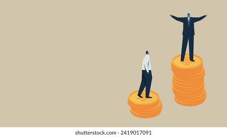 Two men are standing on top of their respective piles of coins. 