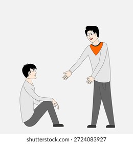 Dos hombres están de pie y uno está dando al otro un abrazo. El hombre de la izquierda está sentado