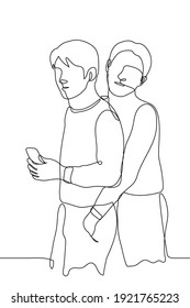 two men are standing, one of them crept up from behind and climbs into the pockets of the trousers - one line drawing. concept of a robber climbs in the victim's pocket, friend or lover checks 