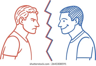 Two men are standing opposite each other, separated by a zigzag line: one is angry (in red), the other is smiling (in blue). Illustration of opposing emotions and reactions in a conflict situation.