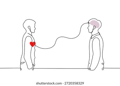 Dos hombres de pie uno frente al otro, con una línea ondulada que conecta el corazón de uno con el cerebro del otro - dibujo continuo con una sola línea. Empatía, inteligencia emocional, diferentes enfoques, comprensión psicológica entre personas en un blanco