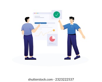 two men are standing and pointing at the big screen in front of them which shows business and marketing data and graphs, and they are giving each other ideas to runvsuccessfully,flat design, vector