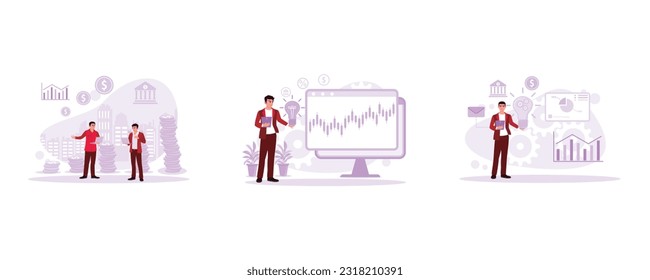 Two men are standing with a row of coins behind them. Businessman with a light bulb and graph on a big screen. Businessman holding a lamp filled with creative ideas. Trend Modern vector flat