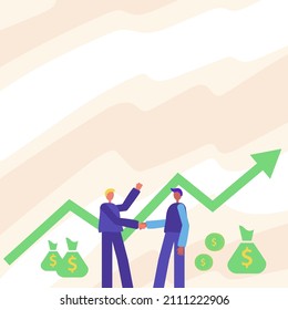 Two Men Standing Shaking Hands With Financial Arrow For Growth And Money Bags. Businessmen Handshaking Drawing With Arrow For Stock Success With Dollars Sacks In Background
